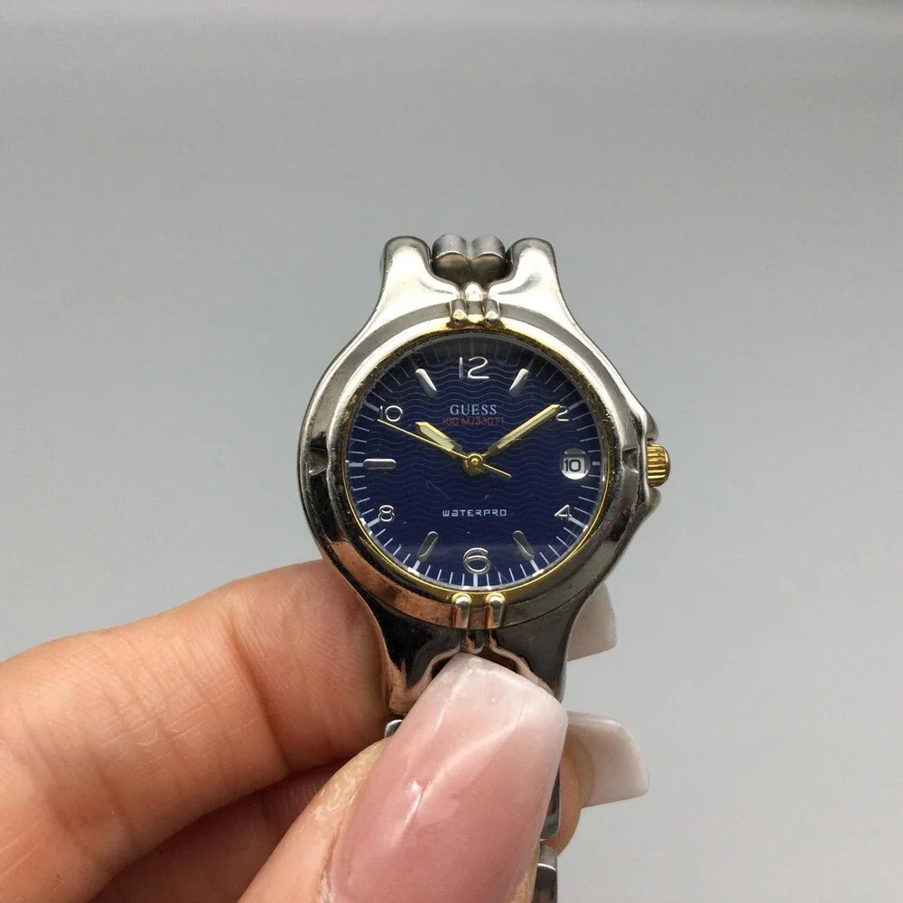 Vintage Guess Waterpro Womens Watch 26mm Blue Dial Two Tone Date New Battery 7